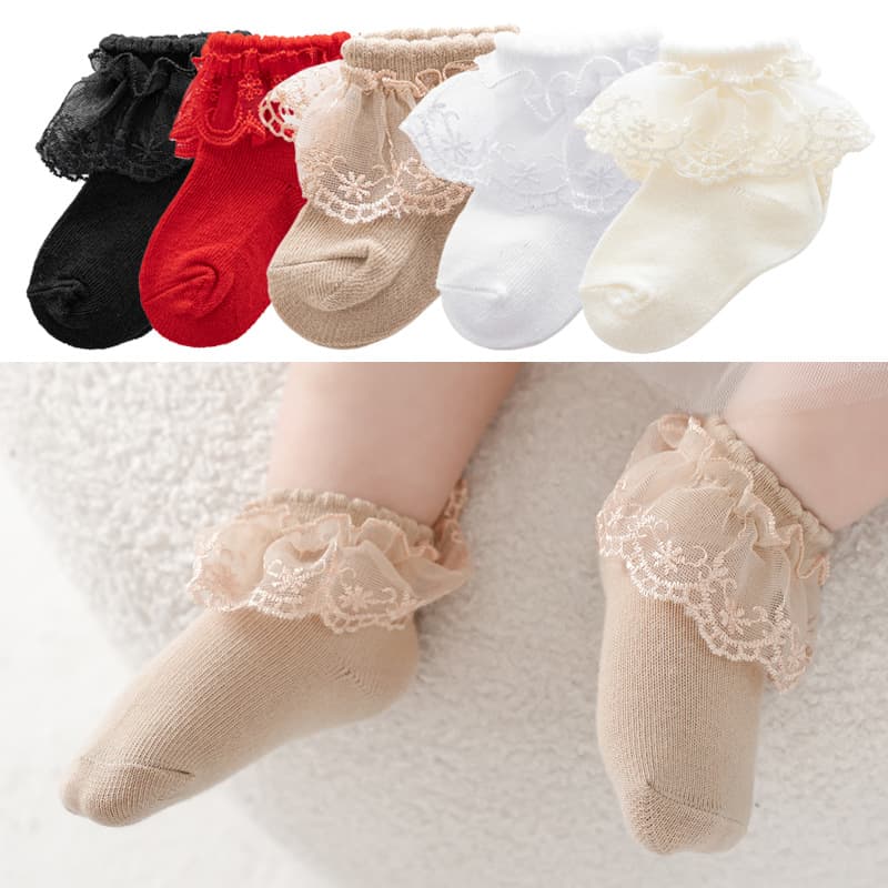 Cross-border Recommended Autumn Winter Embroidered Lace Trim Socks Baby Infant Socks Little Girl Short Socks Lace Socks