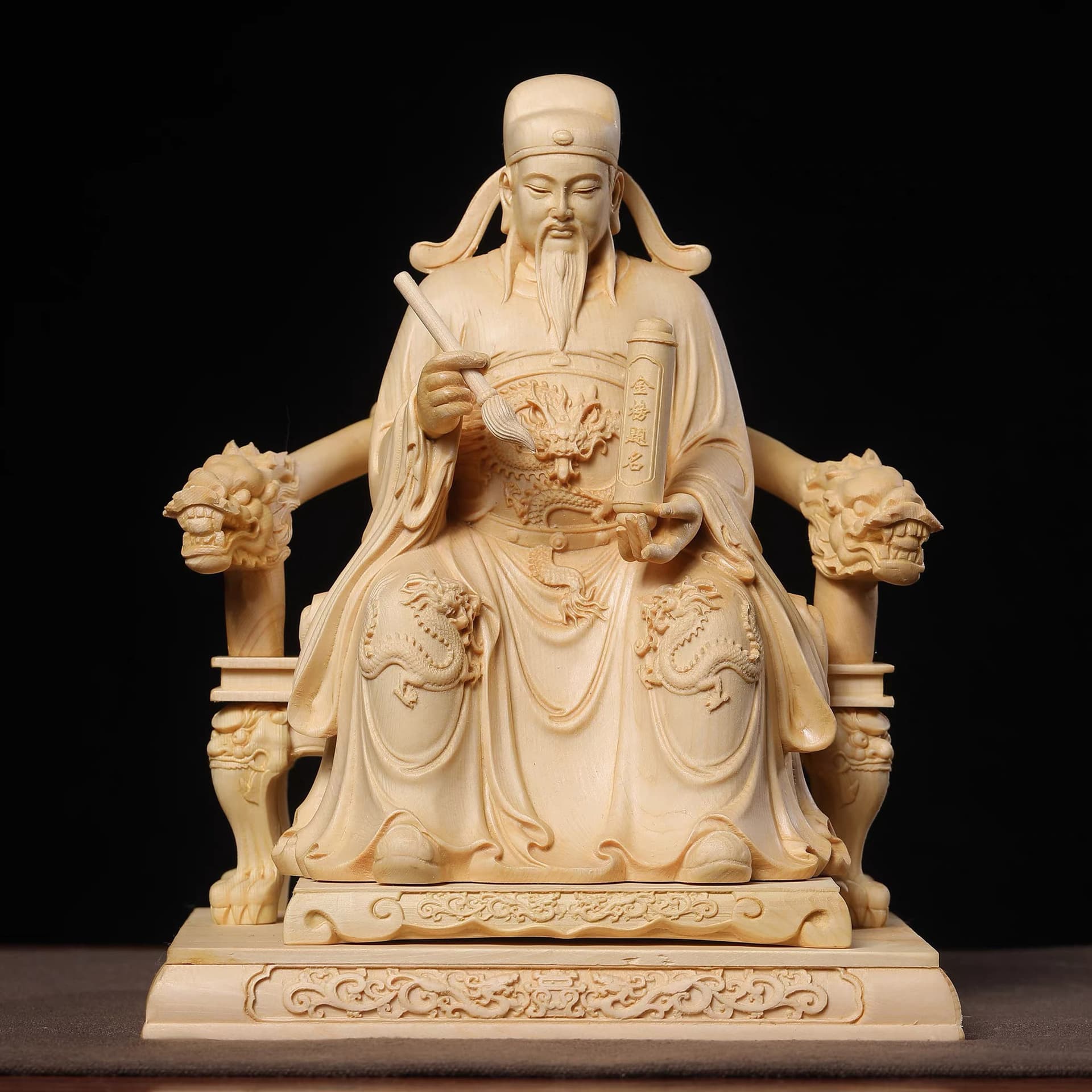 Hinoki Wood Carved Wenchang Emperor Study Desk Ornament, Imperial Scholar Wenqu Star Guardian God Office Desktop Craft