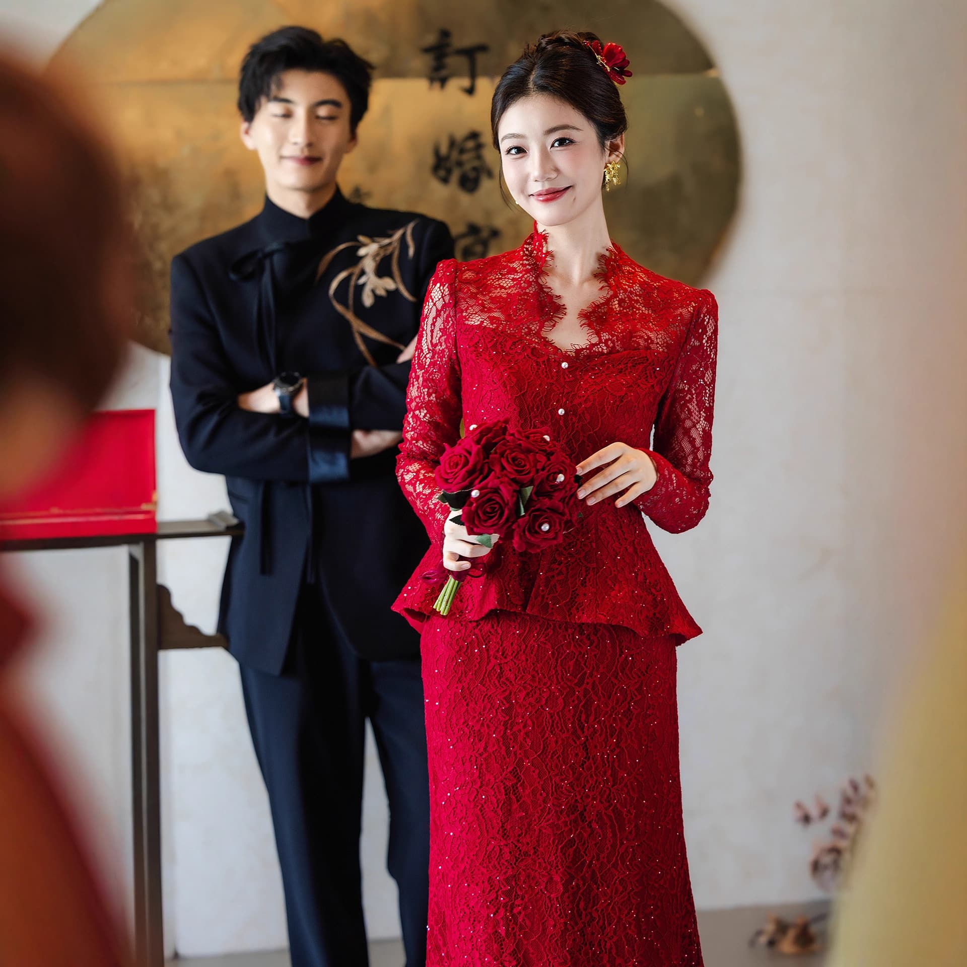 New Chinese Style Cheongsam Red Engagement Dress Women High-End Light Luxury Niche Long Sleeve Lace Set Bride Toast Dress
