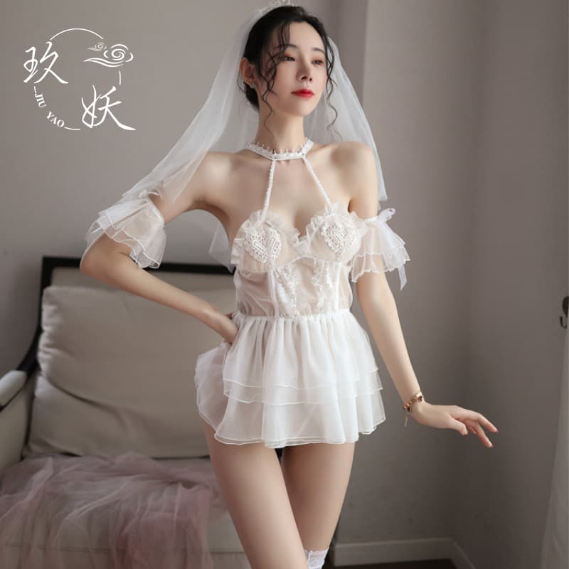 Sexy Lace Bridal Gown with Headscarf Princess Skirt Thrilling Underwear Female Model Passionate Uniform Sweet Pure Sensual Wedding
