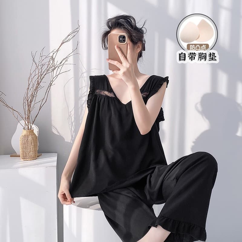 Silk Cotton Pajamas for Women Spring/Summer Thin Long Pants Sexy Backless Set Wearable Outside Premium Solid Color Plus Size Home Clothes