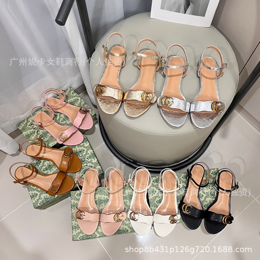 G metal buckle strap sandals 2025 early spring and summer style round toe color matching leather open toe single shoes for women