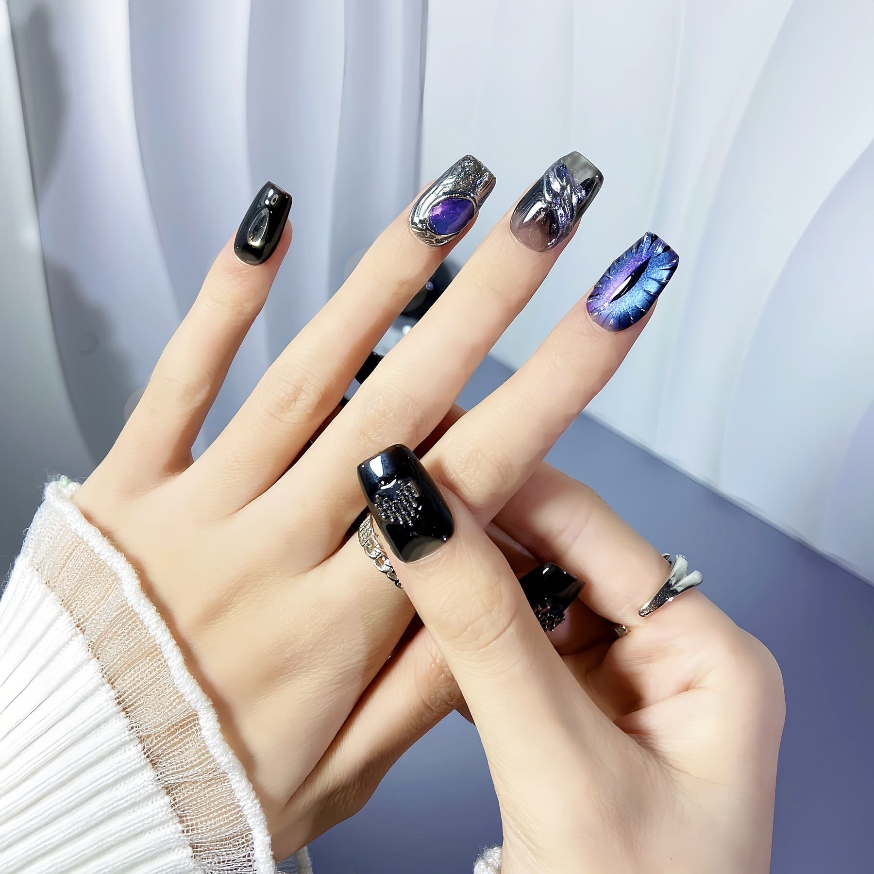 Dark Style Full Diamond Wearable Nails, Niche Design 3D Diamond Nail Art, Personalized European-American Style Press-On Nails, Natural Look