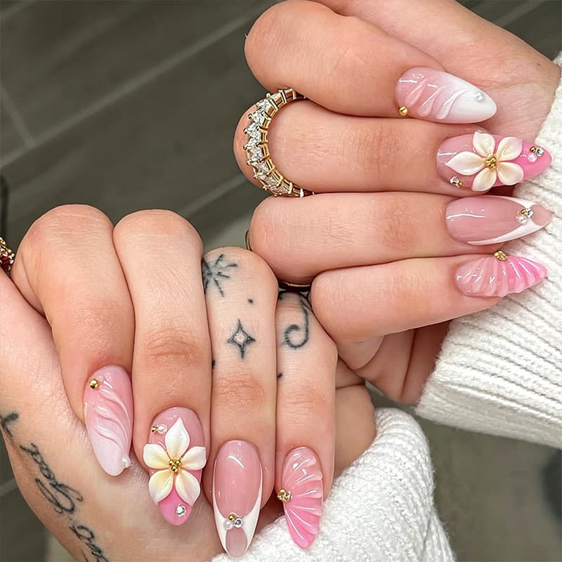 Cross-border Hot Selling Handmade Wearable Nails Almond Shape Pink 3D Floral Design White-Enhancing False Nails Press-On Nail Tips