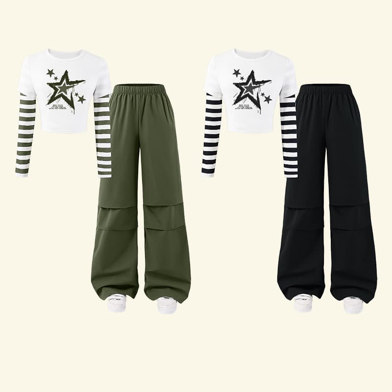Cross-border foreign trade girls 13-16 years old long-sleeved fake two-piece top with personalized five-pointed star print and trousers two-piece set