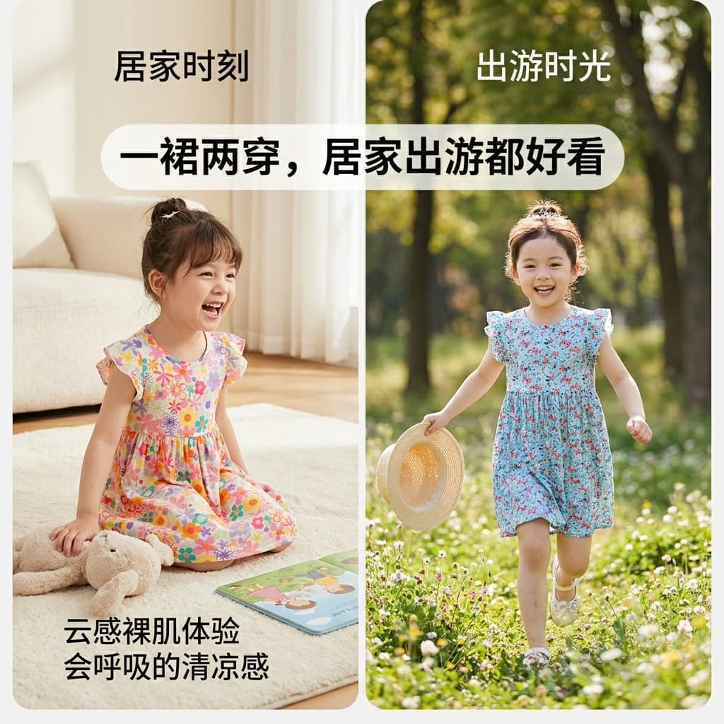 2026 Summer Girls' Cotton Silk Dress for Outings, Stylish Floral Princess Dress, Children's Thin Dress for Home Wear