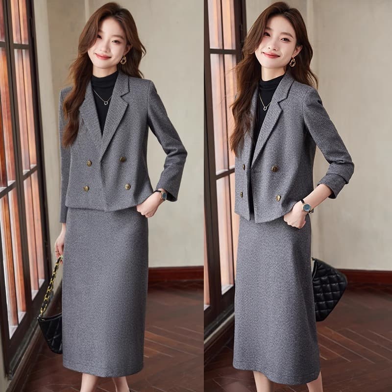 Grey Suit Dress Women's 2024 New Spring Autumn Wool Business Wear Small Suit Skirt Two-Piece Set