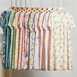 Women's Cotton Silk Sleep Dress Summer Thin Short Sleeve Pajamas Sweet Loose Rayon Plus Size Dress Spring Autumn Homewear