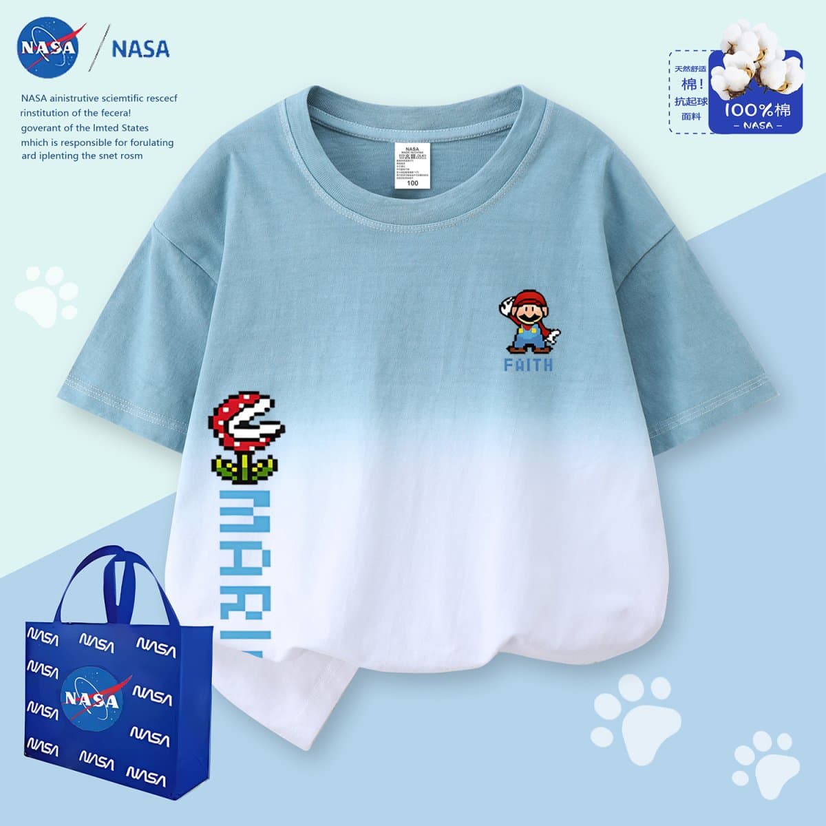 NASA co-branded Mario short-sleeved T-shirt summer 2025 Super Mario versatile foreign style children's half-sleeved tops