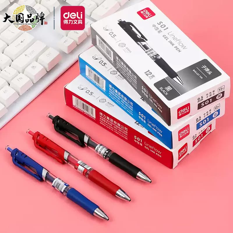 Deli Stationery S01 Retractable Gel Pen 0.5mm Black Carbon Ink Office Pen for Students