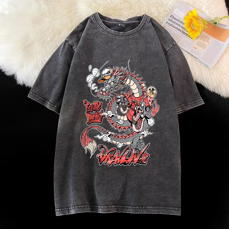 Washed Tees Goth dragon punk Gothic clothes y2k top Short sl