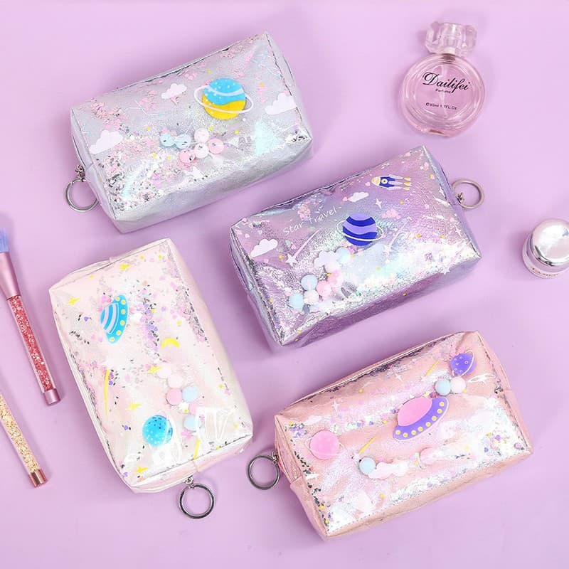 ins large capacity creative planet quicksand cosmetic bag girl heart student waterproof pencil bag travel toiletry bag change