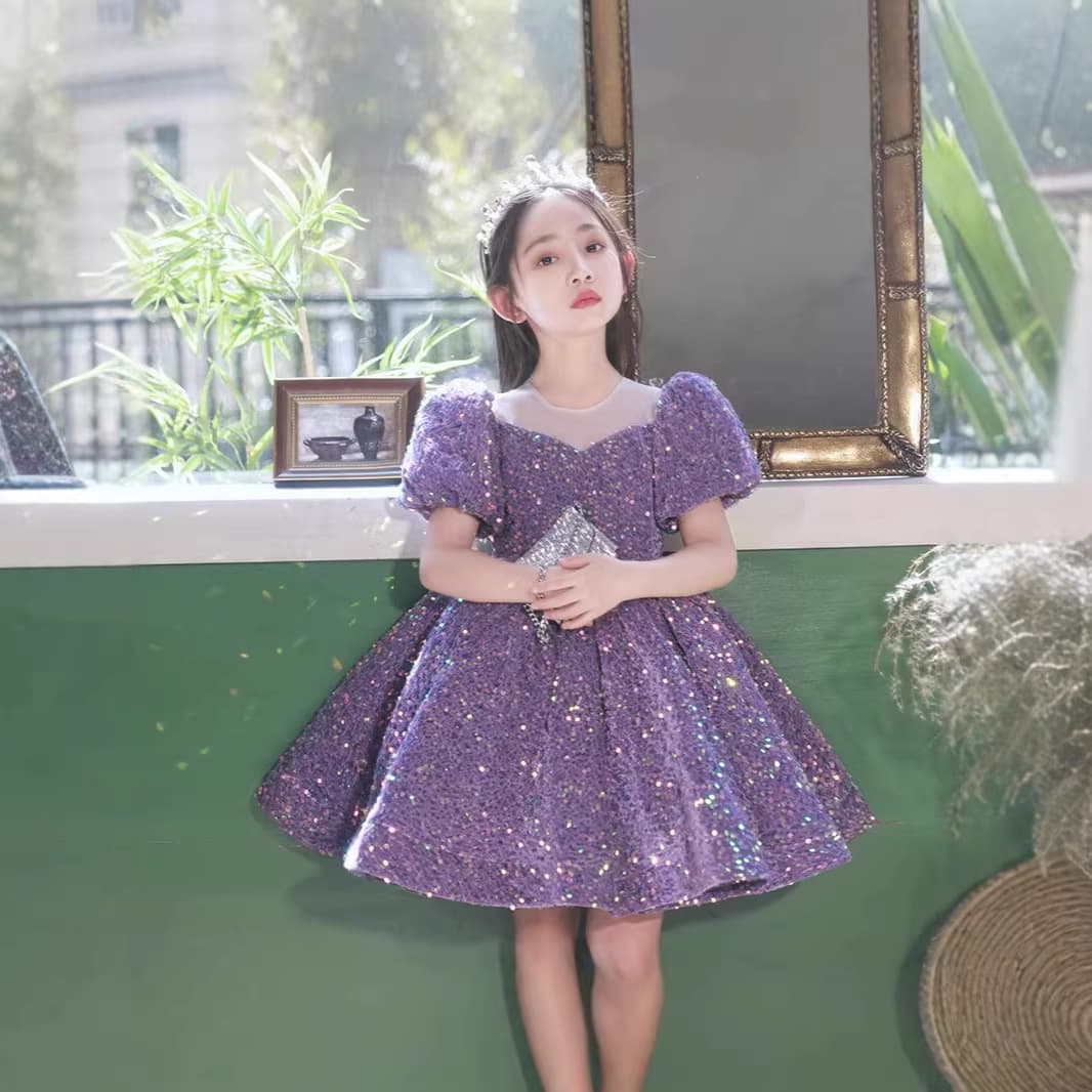 Children's Formal Dress Princess Gown for Girls Purple Birthday Toddler Host Performance Outfit Premium