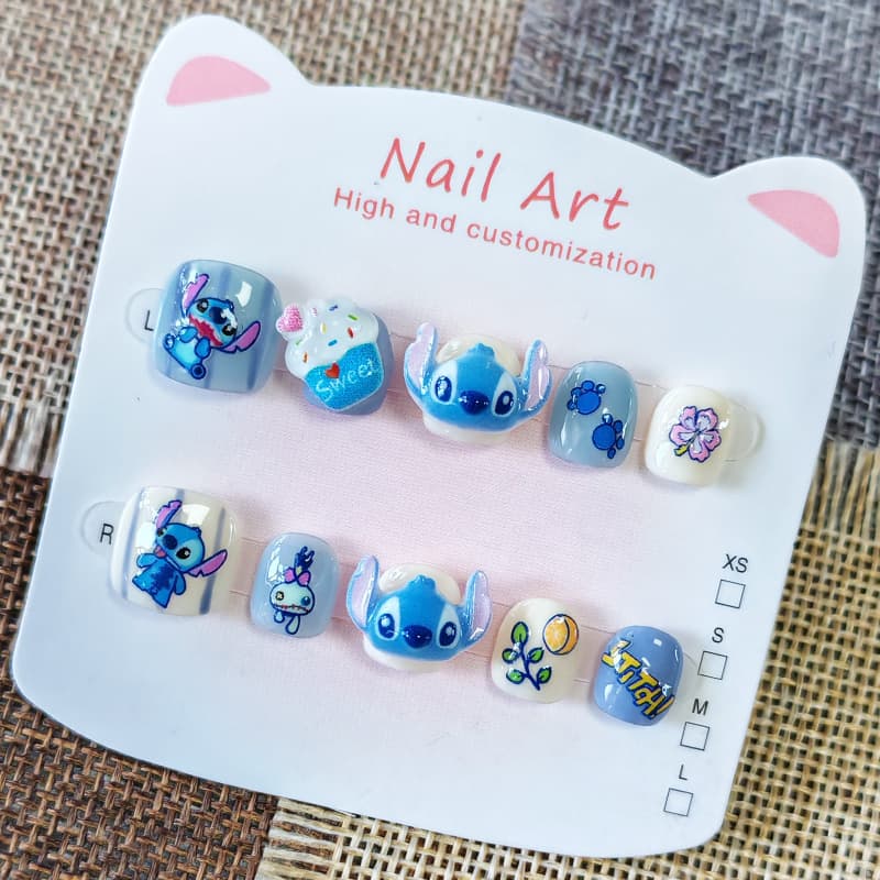 Cute Stitch Kids Handmade Wearable Nails, Stitch Baby Glow-in-the-Dark Short Nail Art for Ages 3-6-12