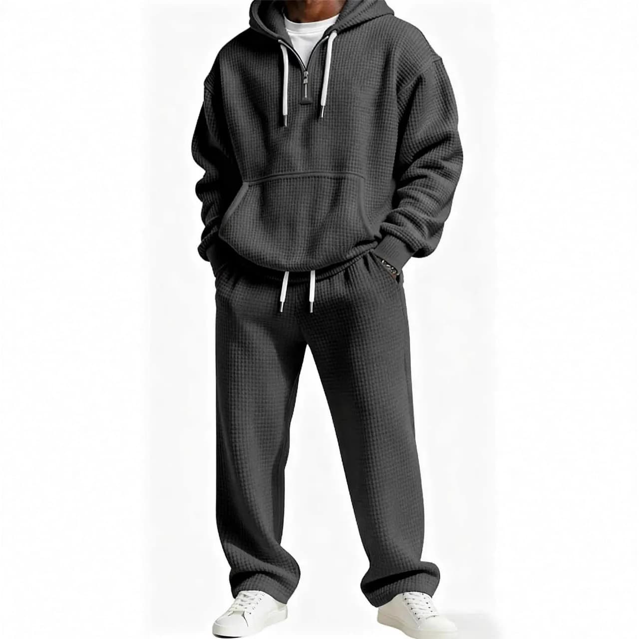 Cross-Border Amazon New Men's Hooded Sweatshirt and Sweatpants Suit 3D Printed Waffle Casual Sweatshirt Men's Jacket