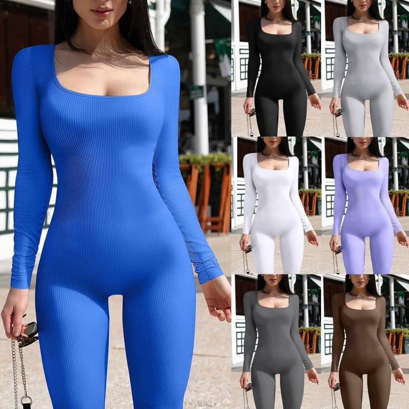 Amazon EU US Women's Jumpsuit Autumn Winter New Ribbed Square Neck Tummy Control Slimming Sexy Bodysuit