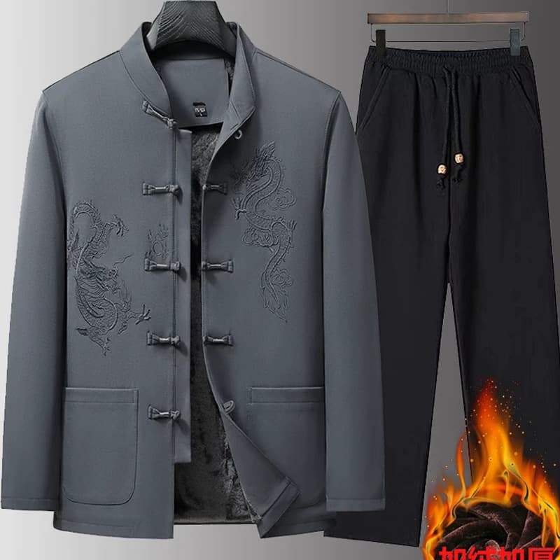 Middle-aged and elderly men's Chinese style set, winter fleece-lined thick thermal Tang suit jacket + pants two-piece set