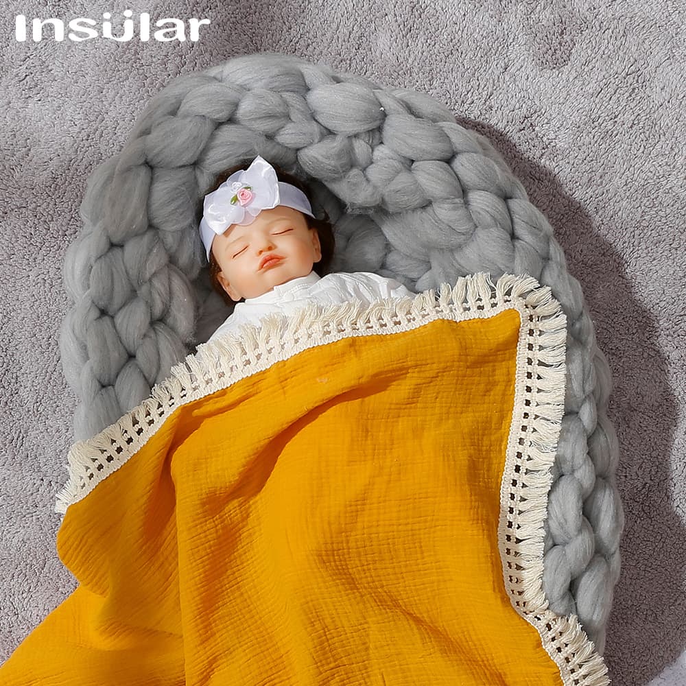 INS Baby Cotton Gauze Blanket, Pure Cotton Muslin Crepe Baby Swaddle with Lace and Tassel, Children's Wrap Blanket