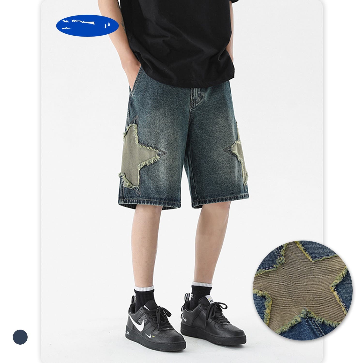 Drop Shipping | American Retro Denim Shorts Patchwork Star Applique Distressed Loose Five-Point Shorts