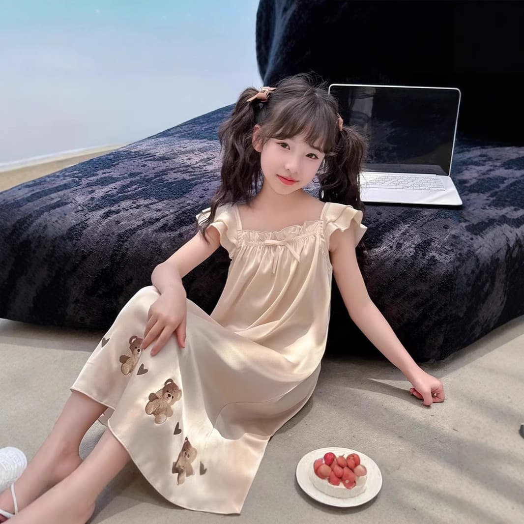 Girls nightgown summer new Korean style suspenders girls ice silk outer wear big children children's pajamas skirt cute
