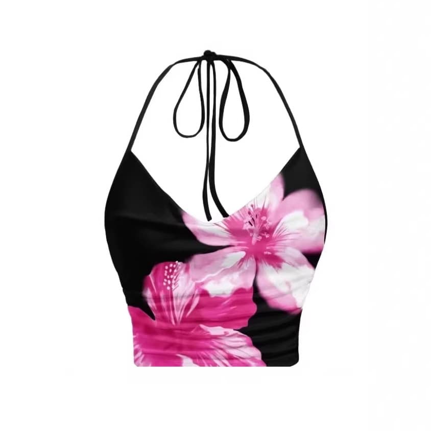 New cross-border foreign trade European and American sexy hotties halter neck flower lace printed backless versatile vest women's foreign trade