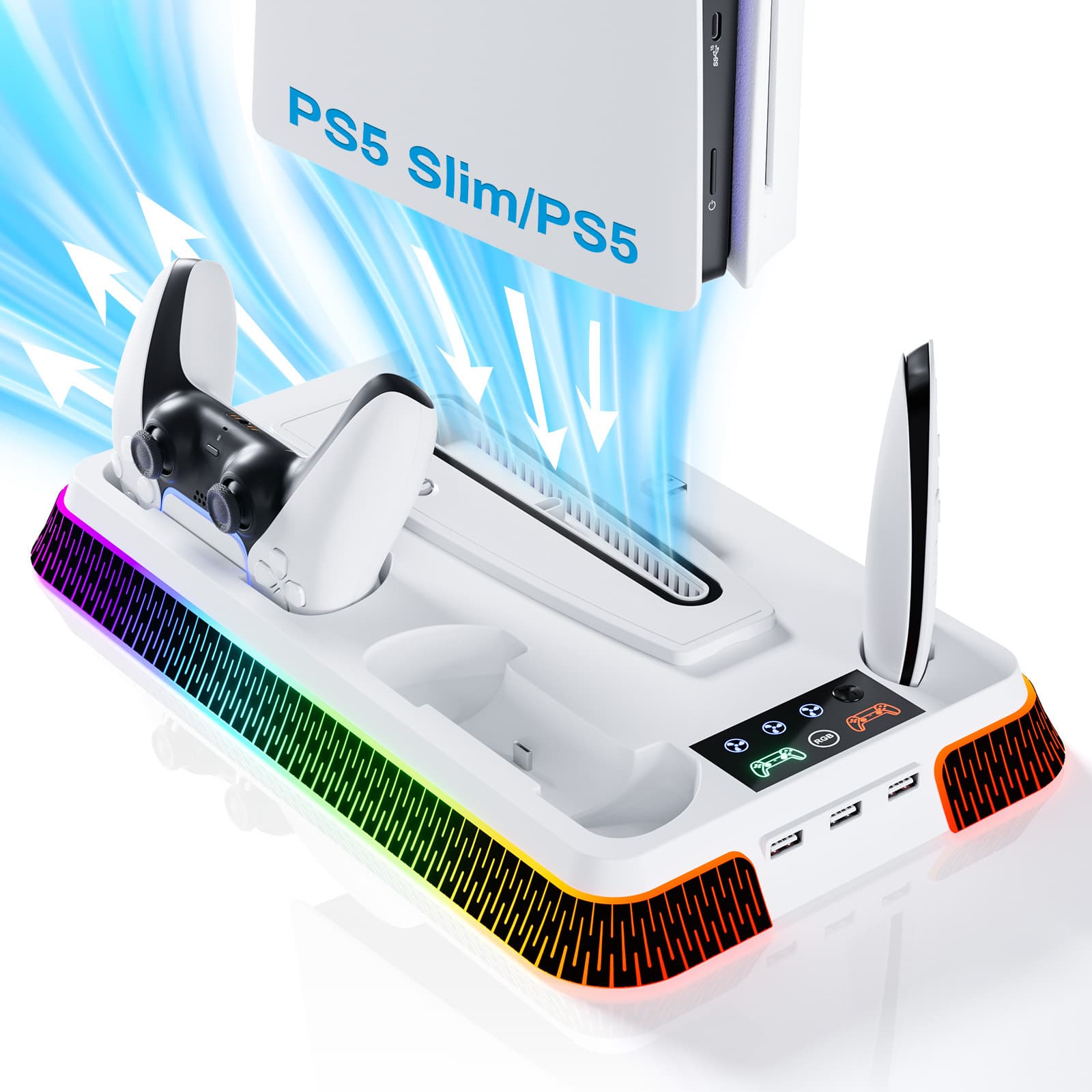 New PS5 PRO / PS5 Slim / PS5 Multifunctional Console Cooling Stand, Colorful Base with PS5 Controller Charger