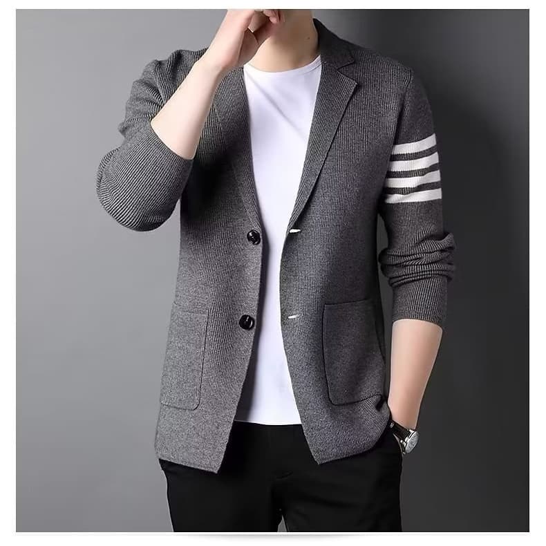 Knit Blazer for Men Thick Sweater Jacket Korean Style Striped Cardigan Spring Autumn Fashionable Casual Suit Jacket