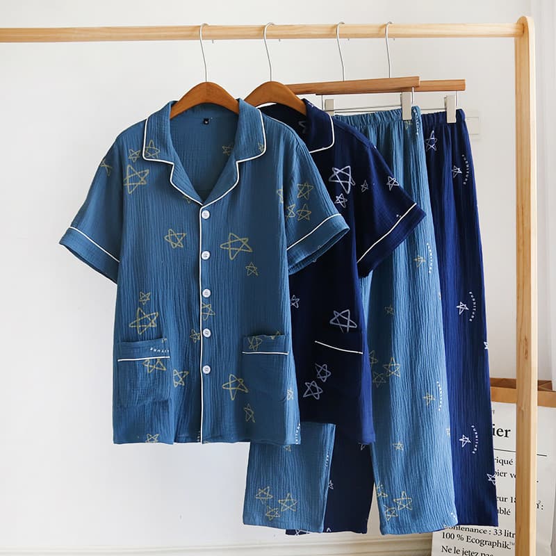 Men's Crepe Lapel Pajama Set Soft Washed Crepe Short Sleeve Pants Homewear Long Sleeve Air Conditioning Two Piece Set