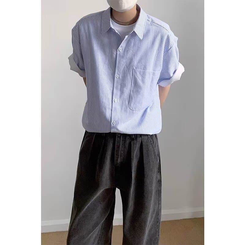 American Style Striped Shirt for Men 2025 Summer New Hong Kong Style Loose Fit Versatile Trendy Casual Short Sleeve Shirt Men's Fashion
