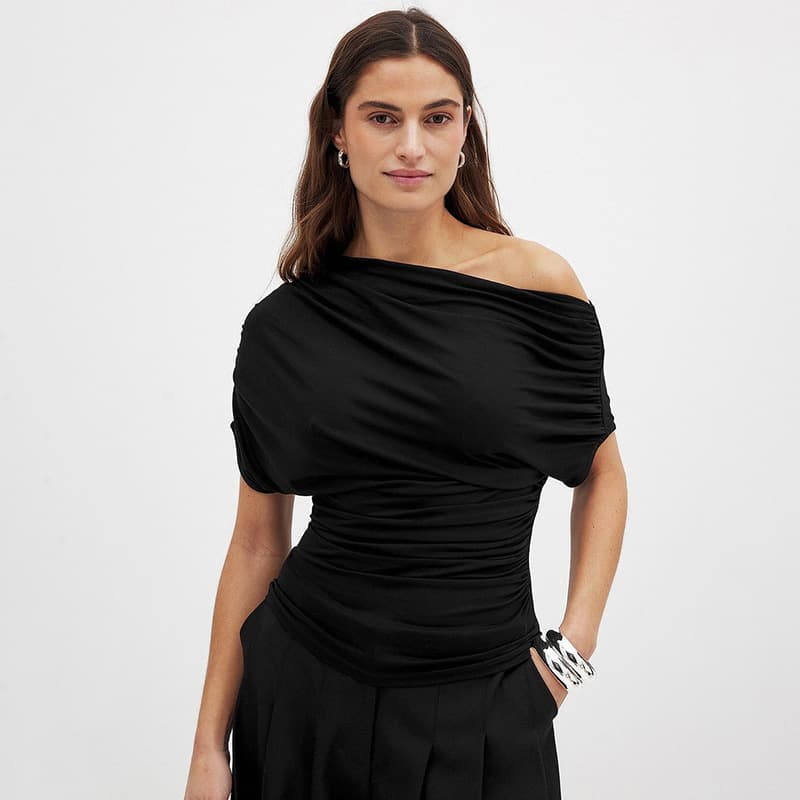 J26TP019 Women's Summer Fashion Solid Color Shirred Asymmetrical One-Shoulder Waist-Cinching T-Shirt Top for EU/US Cross-Border