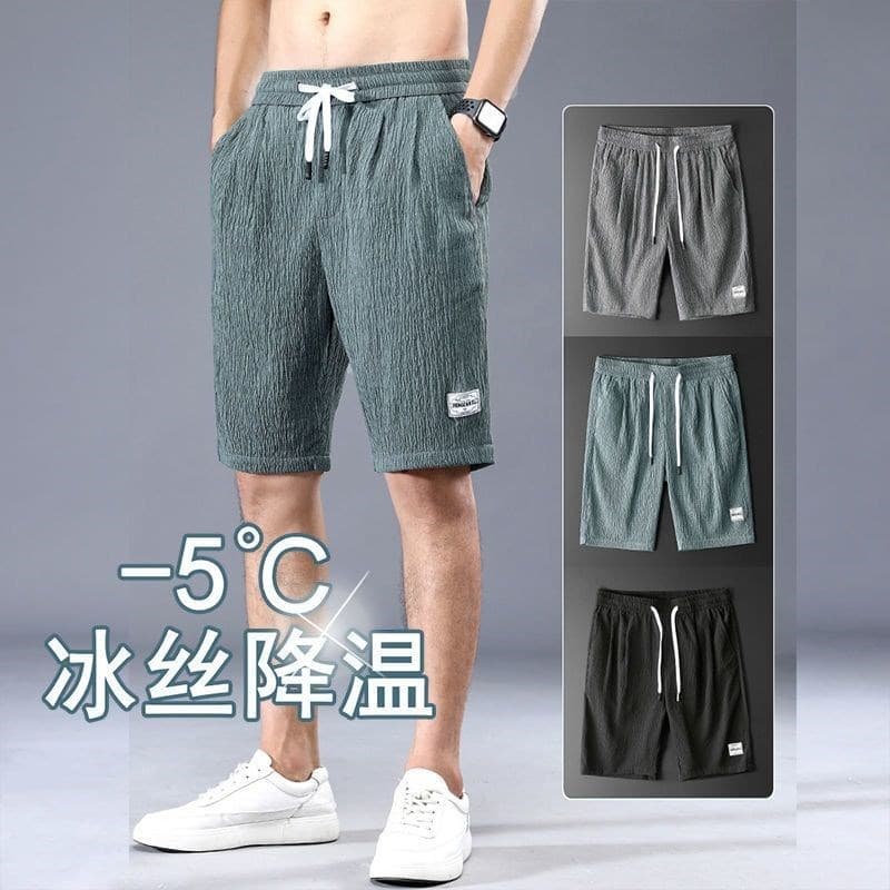 Ice Silk Shorts Men's Thin Sports Pleated Pants Loose Straight Trendy Casual Pants Beach Pants
