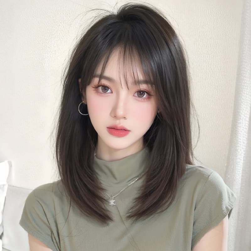 Short Layered Wig for Women, Collarbone Length, Natural Realistic Hair, Age-Reducing Medium-Long Style, Full Cap Wig