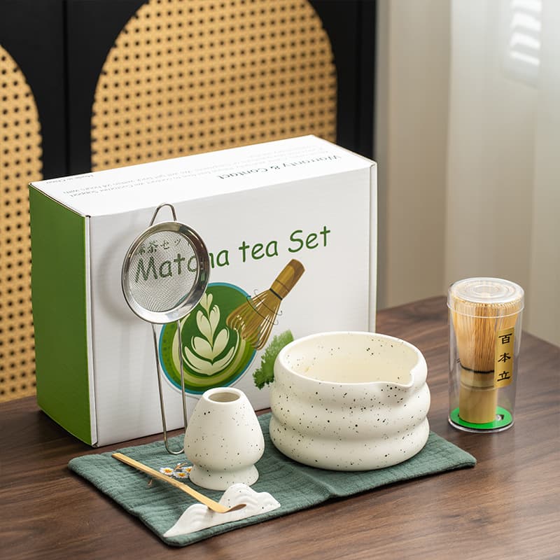 Ceramic Matcha Bowl with Sand Texture, Japanese Matcha Tea Set with Bamboo Whisk (Chasen) 100-Bristle Complete Set