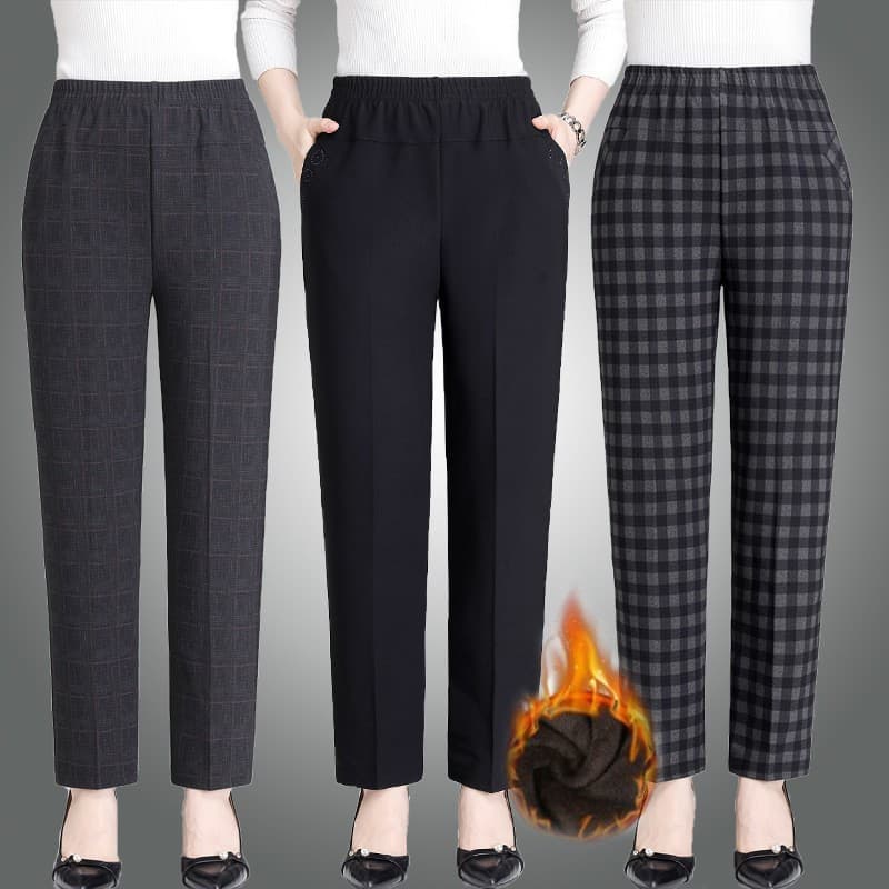 Autumn and winter middle-aged and elderly women's trousers, fleece-lined, thick, high-waisted, loose-fitting cotton trousers, suitable for mothers and grandmothers, straight leg.