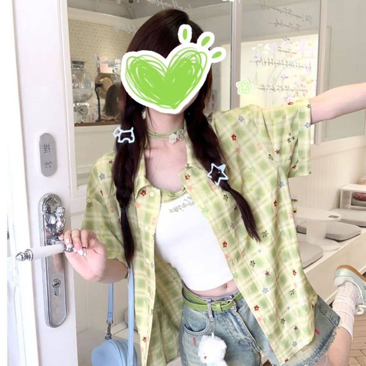 Summer Star Two-Piece Set Green Plaid Print Blouse Top for Women Summer Versatile Short Sleeve Jacket