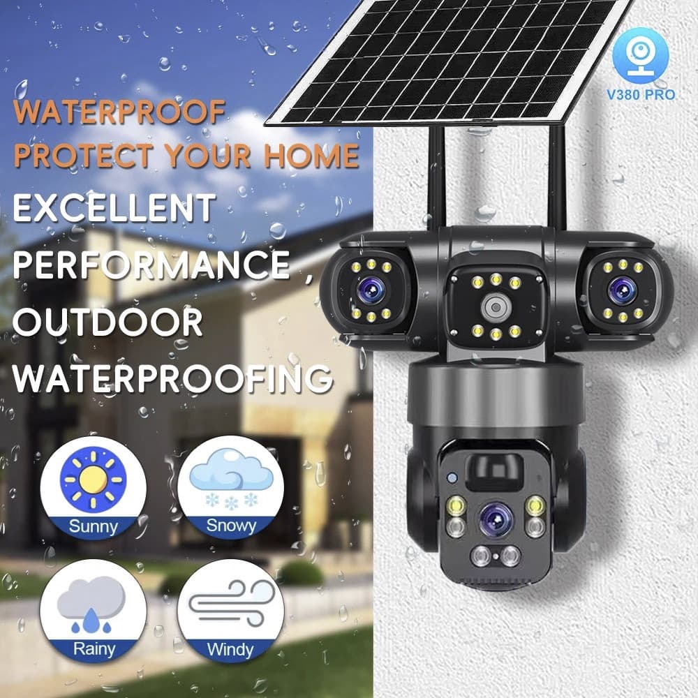 V380PRO Solar-Powered True Tri-Screen PTZ Camera with WiFi 4G, Outdoor Use