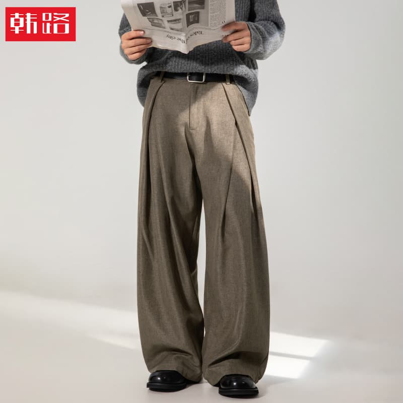 Cross pleated design, drapey casual trousers, autumn textured loose straight trousers, trendy brand retro long trousers