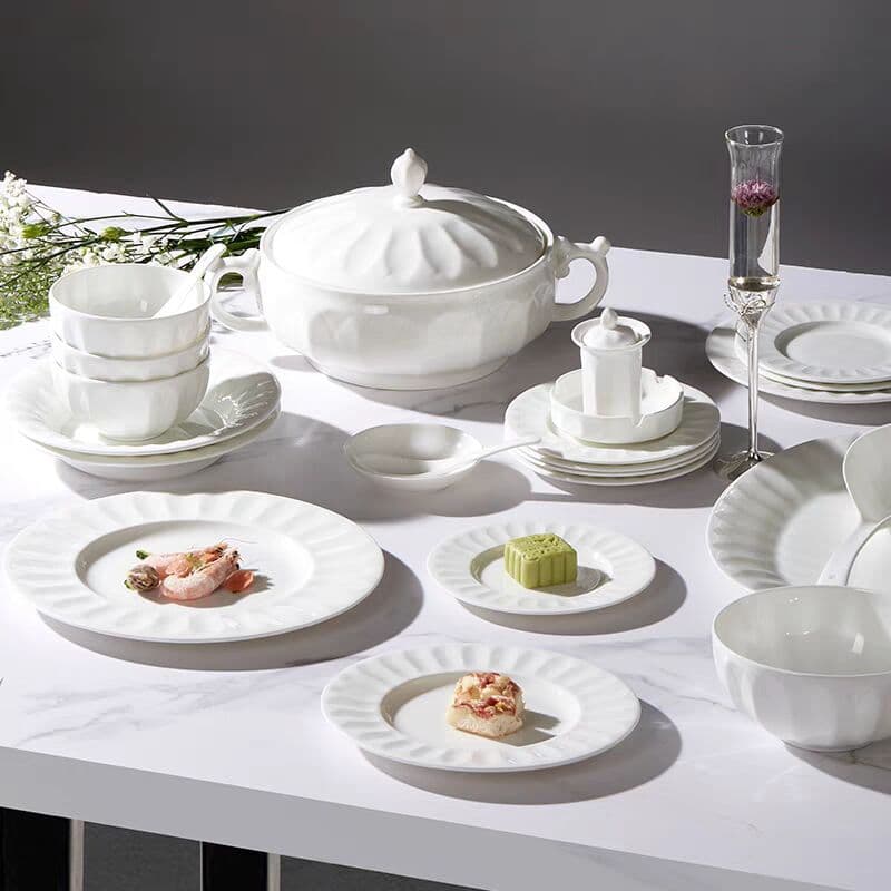 Zen Style Pure White Bone China Dinnerware Set Free Combination DIY Bowls Plates Dishes Home Wholesale Cold Dish Western Food Steak Plate