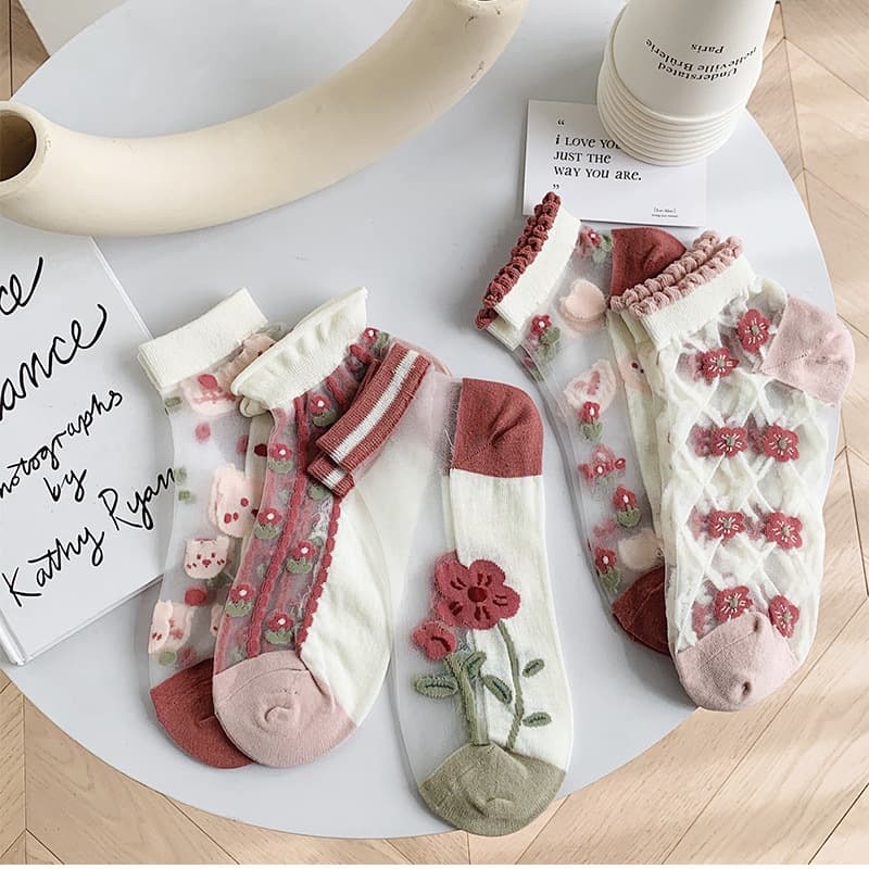 Crystal Socks for Women, Glass Silk Summer Tulip Thin Pink Short Socks, Cute Lace Wholesale Women's Socks Card