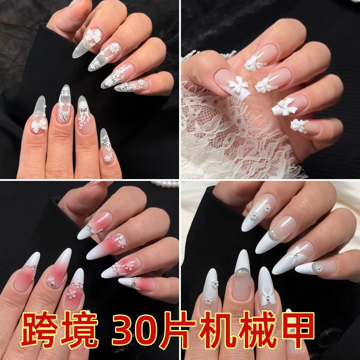 Cross-border Mechanical Armor 30-piece Wearable Nail Tips Almond Transparent French Bow European and American French Carved Long Style