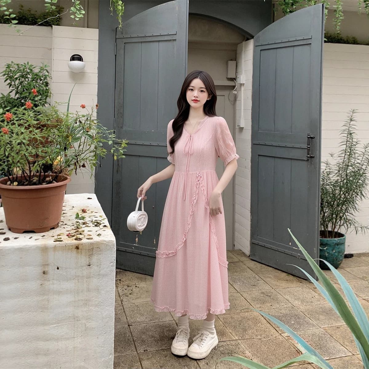 130-300 lbs Women's French Campanula Bubble Sleeve Pink Dress Summer Slimming Sweet Dress Hides Belly