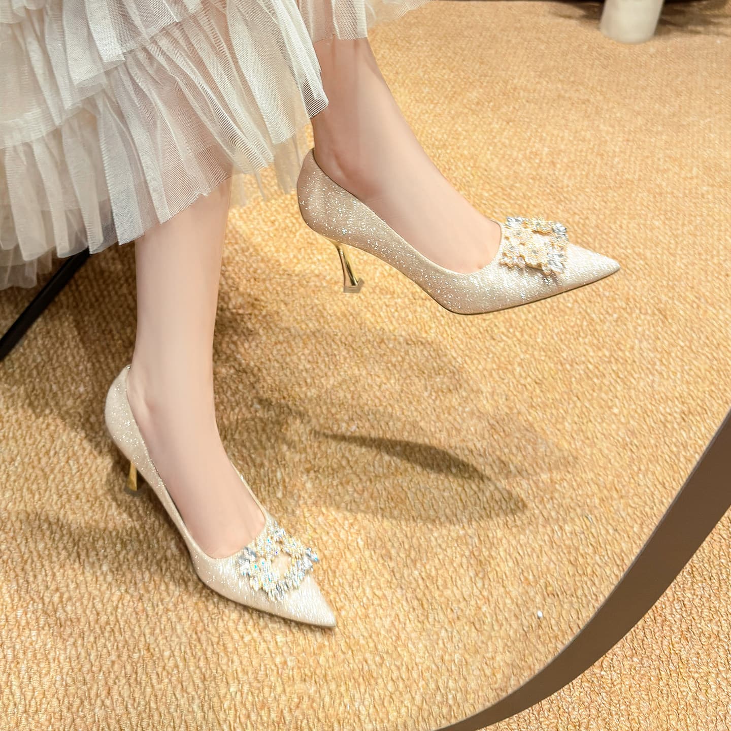 Stunning Champagne Rhinestone Square Buckle High Heels Women 2026 New Formal Dress Qipao Engagement Shoes Crystal Heels Comfortable