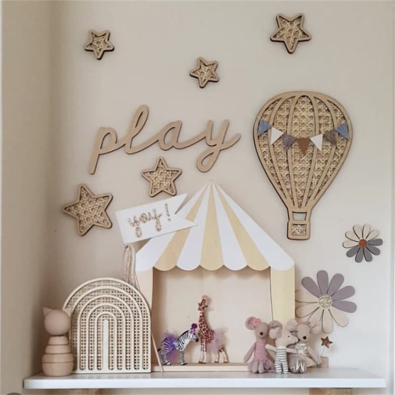 Nordic Wooden Woven Rattan Hot Air Balloon Rainbow Star Moon Kids Room Wall Decoration Sticker Photo Prop