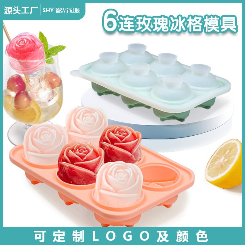 Food Grade Silicone 6-Cavity Rose Ice Cube Mold with Lid Leak-Proof DIY Whiskey Ice Block Maker Quick-Freezing Easy Unmold