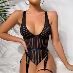 New Cross-Border European and American Lingerie Women Mesh Stripe Garter Belt Bodysuit Lingerie Set Cute Teen Style