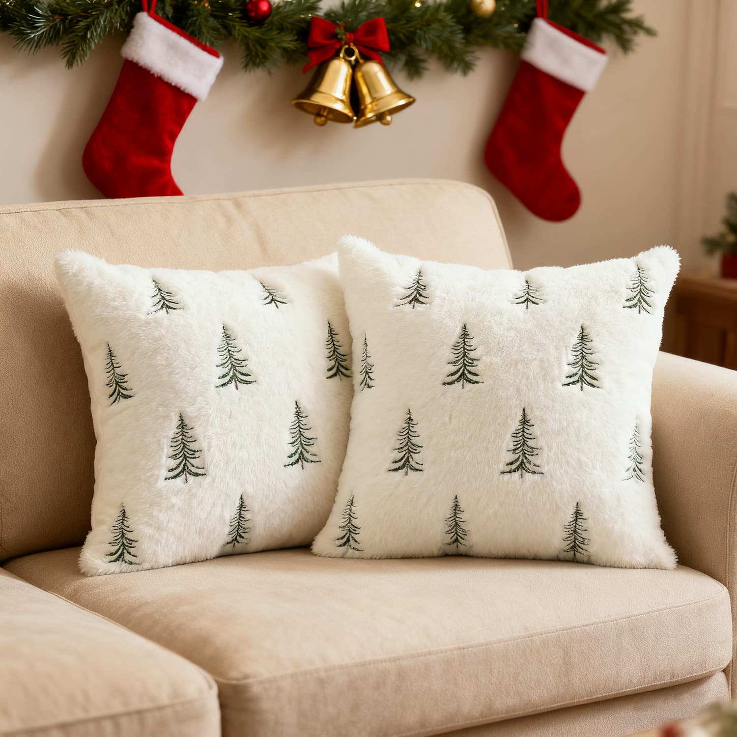 TEMU Amazon Cross-border Plush Embroidered Christmas Tree Pillowcase, Winter Edition Rabbit Fur Decor Cushion Cover