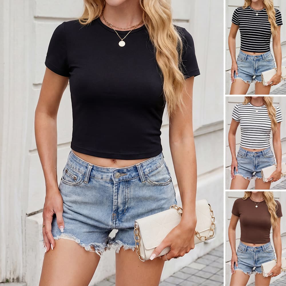 Cross-Border Women's European and American Export Short Sleeve Top, Summer Thin Crop Top, Pullover, Regular Shoulder Knit, Premium Feel T-Shirt