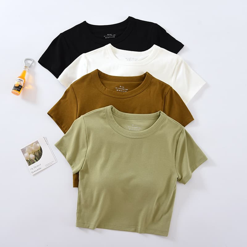 White Built-In Bra Crop Short-Sleeve Cotton Small Round Neck T-Shirt Women's Short Top with Integrated Cups, Summer Layering Inner Wear