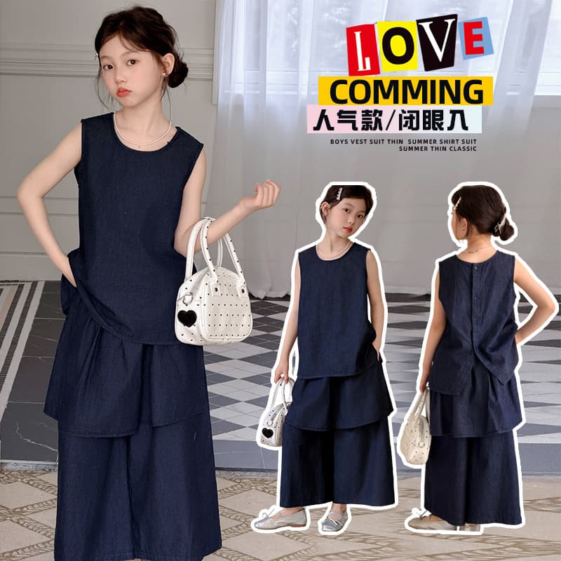Summer Girls Denim Vest and Pants Set, Kids Children Girls Soft Thin Sleeveless Denim Three-Piece Set