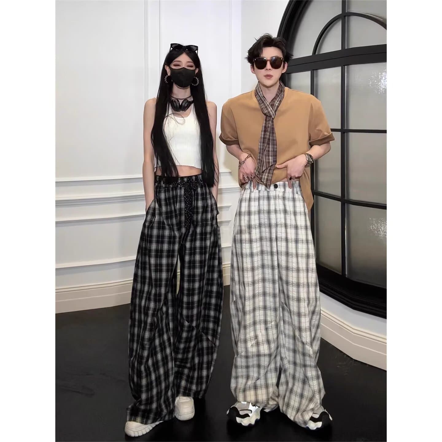 Black and white plaid pattern tall and slim versatile wide-leg pants for men and women 2025 summer new loose casual lazy plaid pants